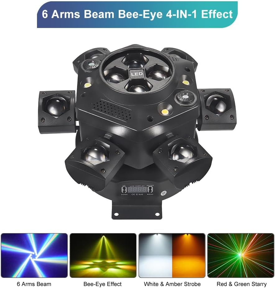 Moving Head DJ Lights, Olaalite 150W LED Stage Light 4-in-1 RGBW with 6 Arms Beam, Bee-Eyes Effect, Red Green Starry, White & Amber Strobe, Perfect DJ Stage Lighting for Party Disco Club Wedding Bar