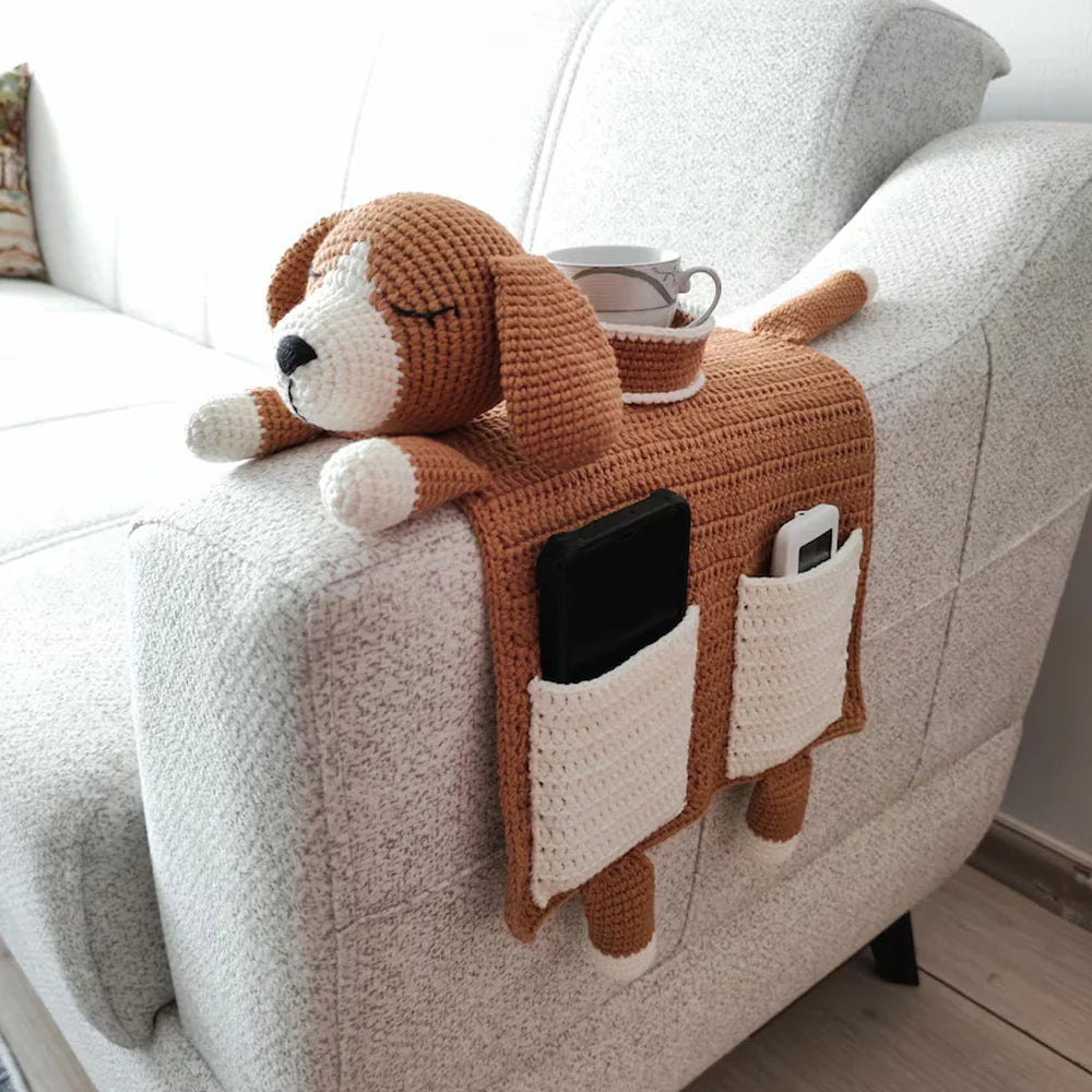 Crochet Dog Sofa Organizer with Cup Holder – Handmade Armrest Caddy