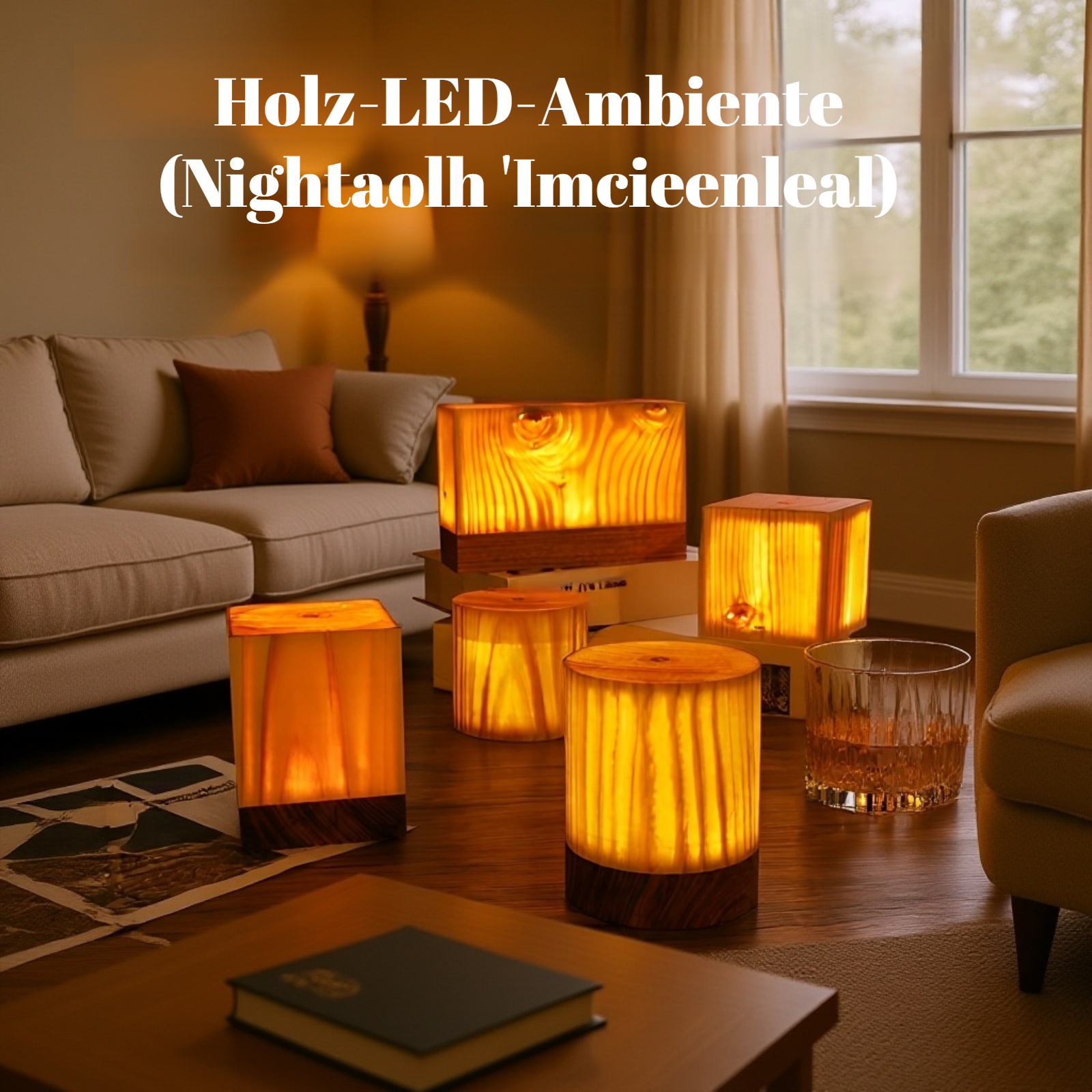 Umweltfreundliche LED-Nachtleuchte aus Naturholz auf Nachttisch