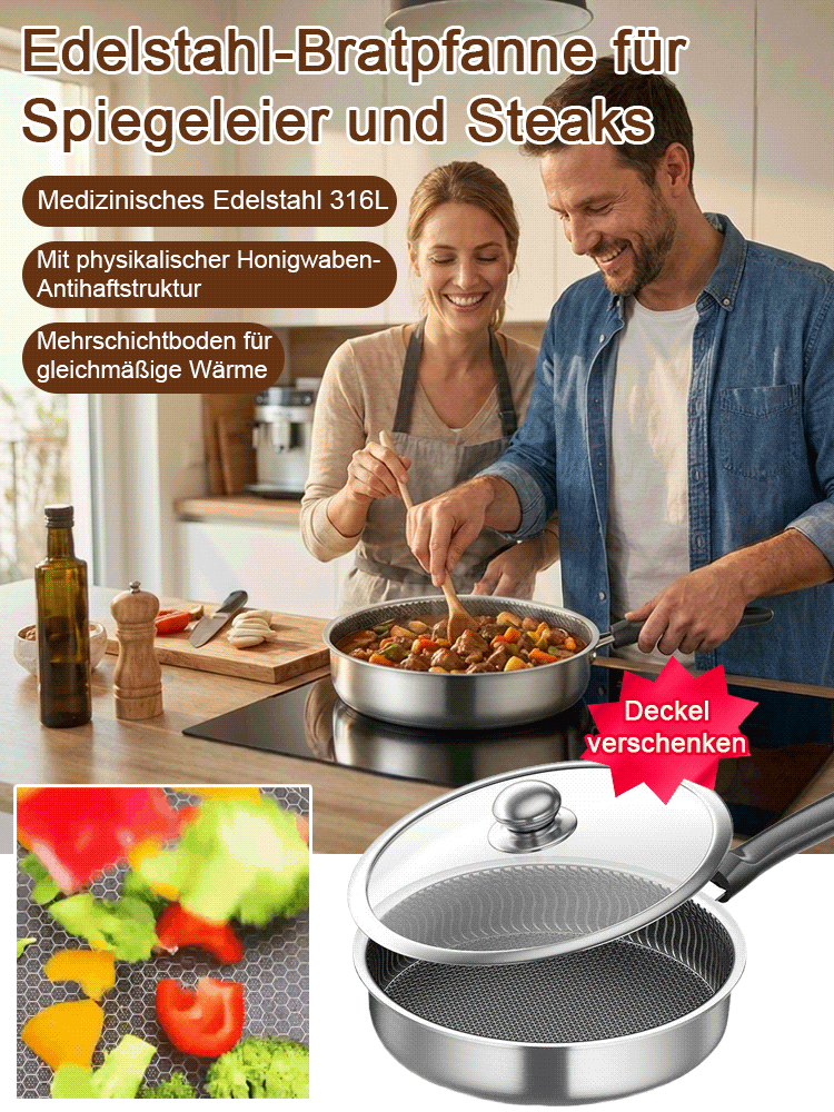 【LFGB und TÜV zertifiziert】Geislingen Edelstahl Pfanne mit Wabenstruktur | 100% Giftfrei ohne Chemie-Beschichtung | Kratzfest und Antihaft | Für alle Herdarten 🍳🥩