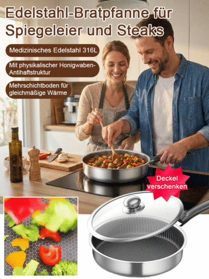 【LFGB und TÜV zertifiziert】Geislingen Edelstahl Pfanne mit Wabenstruktur | 100% Giftfrei ohne Chemie-Beschichtung | Kratzfest und Antihaft | Für alle Herdarten 🍳🥩