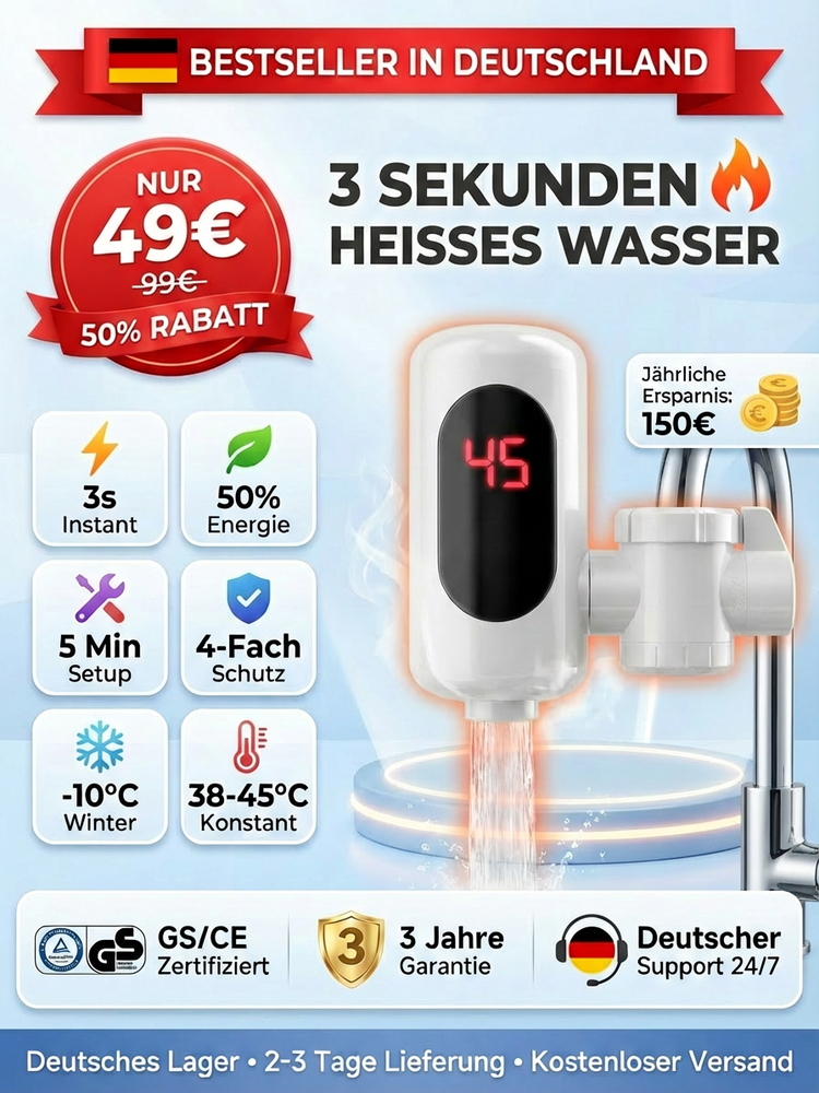  [TÜV GS Zertifiziert] Digitaler Sofort-Durchlauferhitzer | 3 Sek. Warmwasser | A+++ Energiesparend | Testurteil: SEHR GUT (1,2) | Passt auf alle Armaturen 🔥