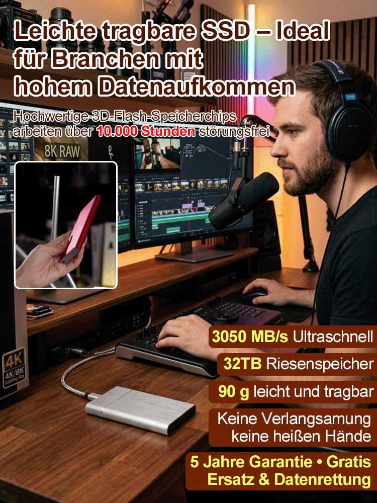 [Inkl. 10 Jahre Garantie] 32TB Tragbare Enterprise SSD |3050 MB/s High-Speed 🚀 | IP54 wasser- und sturzfest | Universell kompatibel | DSGVO-konform 🛡️