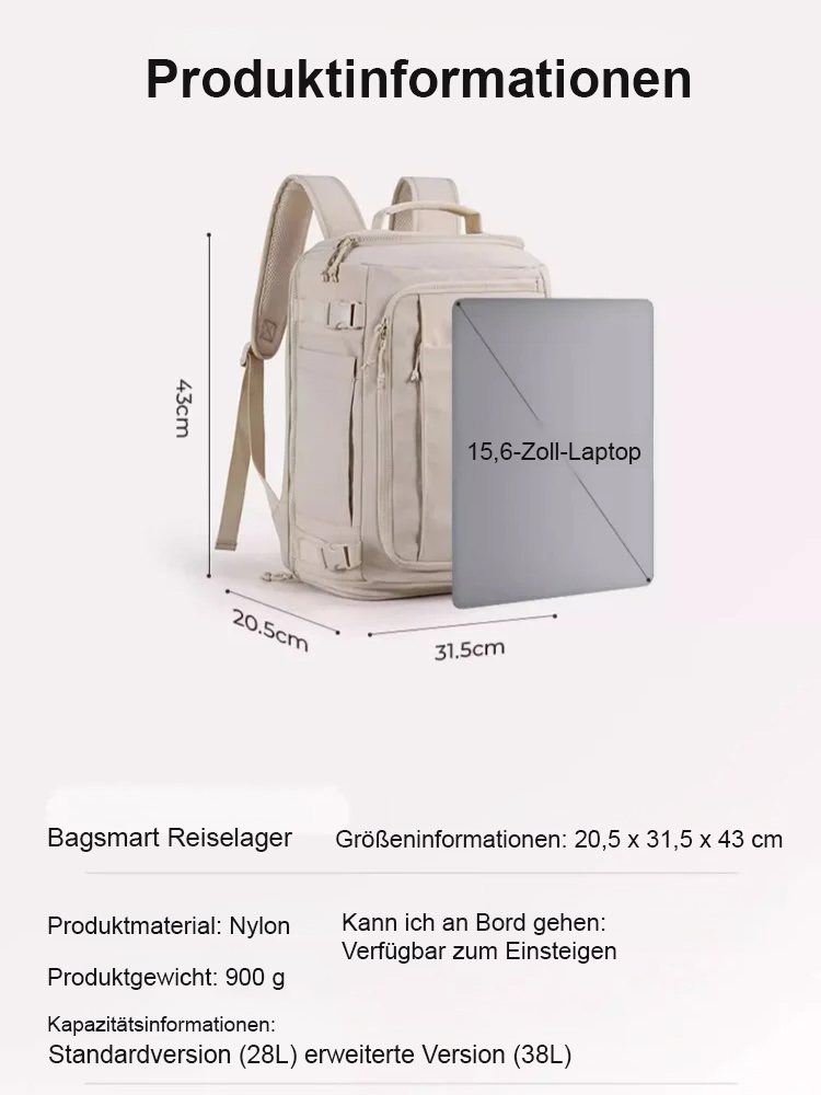 【Spart teure Gepäckgebühren】 Großer Handgepäck-Rucksack ohne Check-in | 180° Koffer-Öffnung | Auf 38L erweiterbar | Wasserfest, diebstahlsicher, schnittfest ✈️🎒