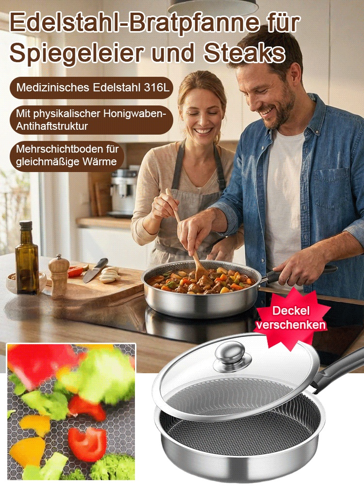 [Aus Geislingen] Edelstahl-Wabenpfanne & Antihaft | 100% Chemiefrei (LFGB/SGS) | 1 Mio. Mal Abriebfest | 80% Energiesparend 🍳🥩