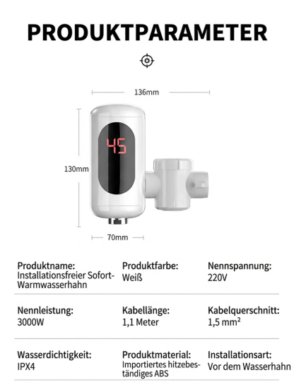  [TÜV GS Zertifiziert] Digitaler Sofort-Durchlauferhitzer | 3 Sek. Warmwasser | A+++ Energiesparend | Testurteil: SEHR GUT (1,2) | Passt auf alle Armaturen 🔥