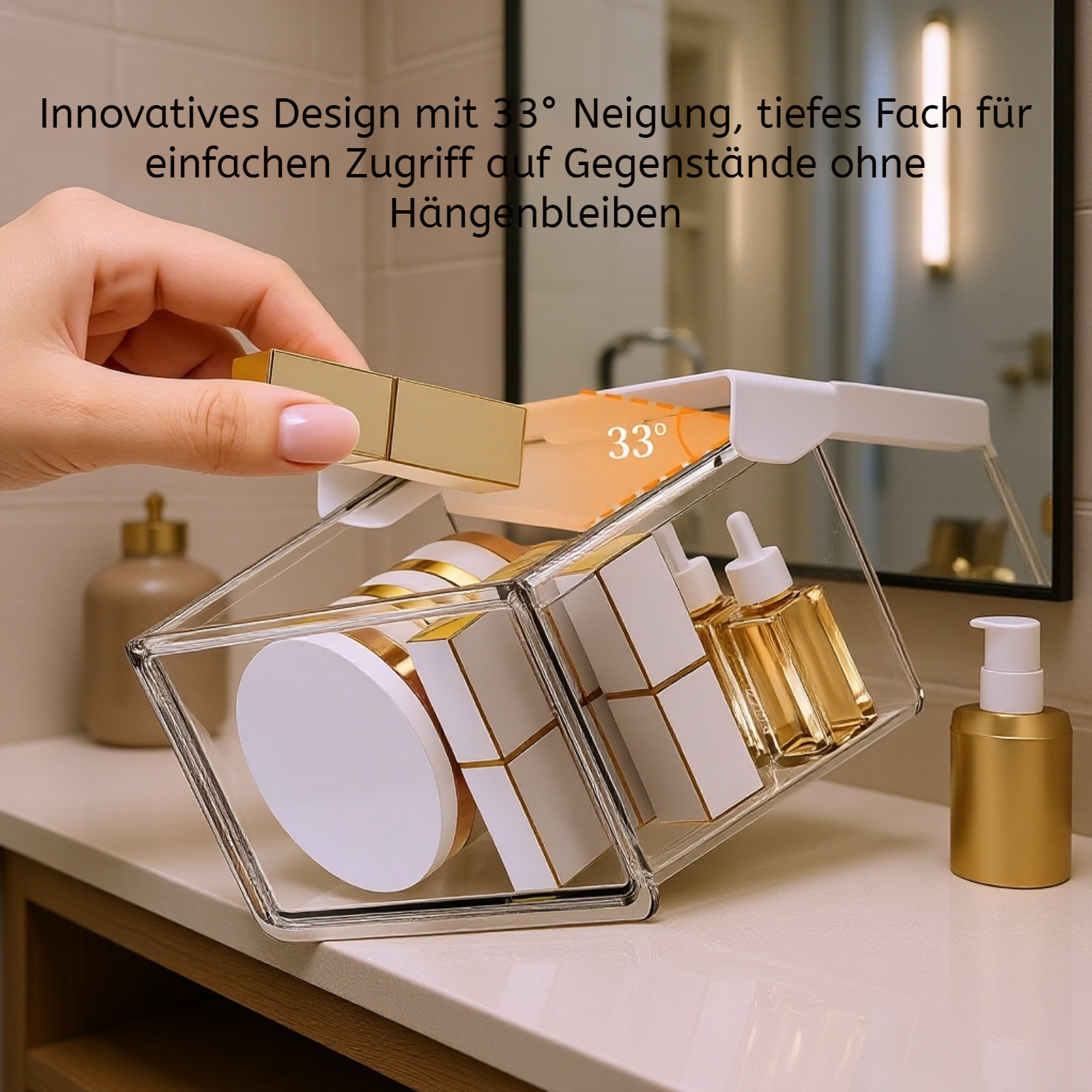 Transparente Aufbewahrungsbox für den Tisch, 33° geneigt, leicht zugänglich