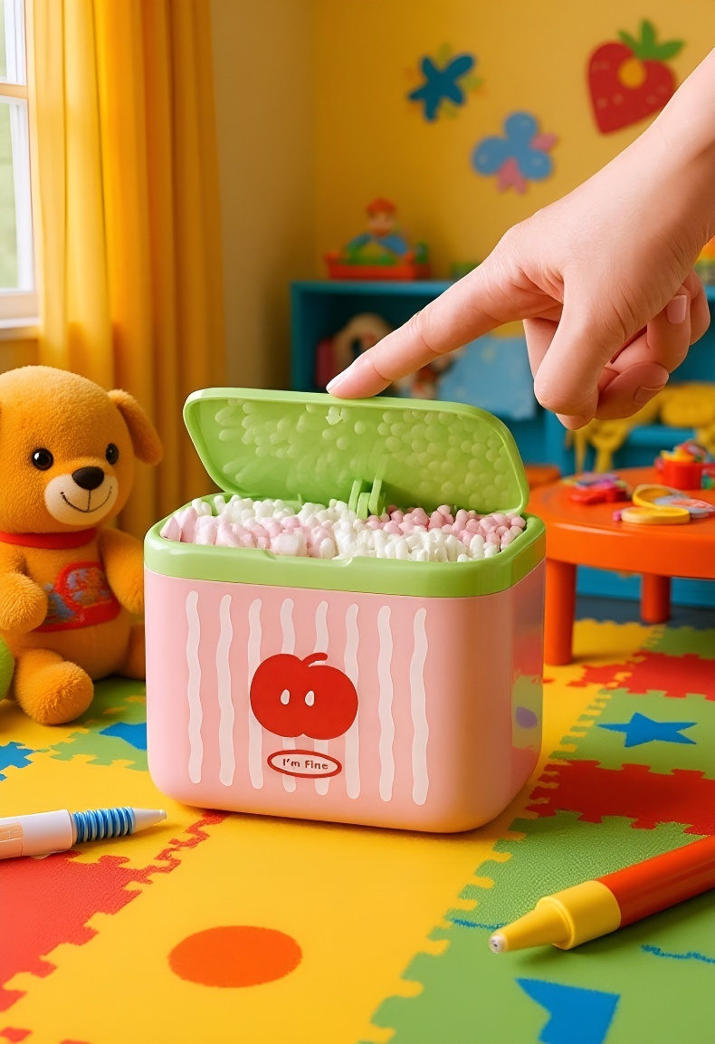 Close-up of automatic lifting mechanism in cotton swab box