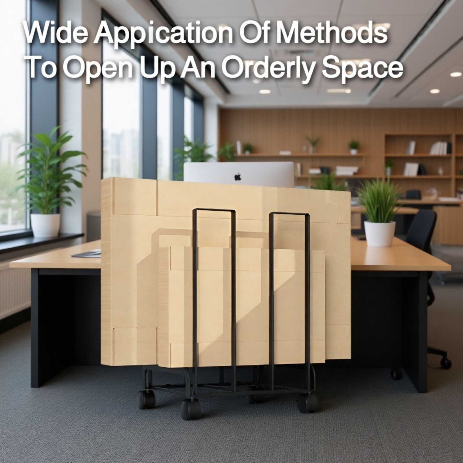 Mobile Cardboard Storage Rack with Wheels in office setting