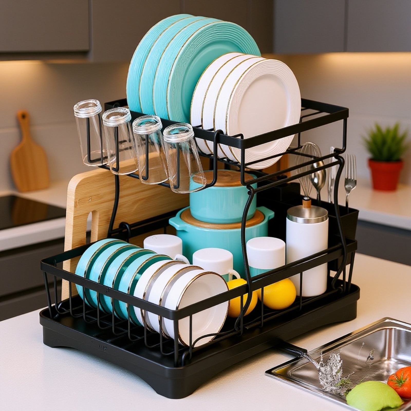 Compact kitchen tableware rack with plates and utensils
