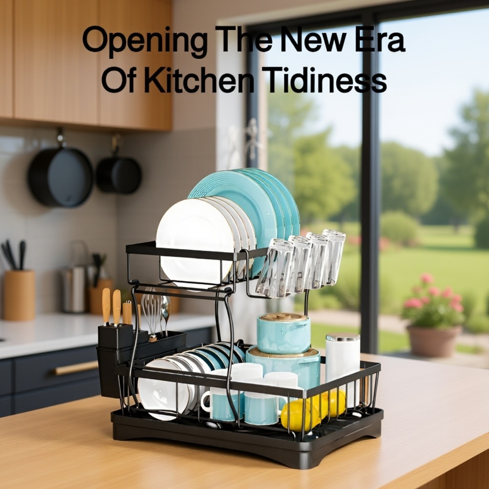 Space-saving draining rack holding dishes on kitchen countertop