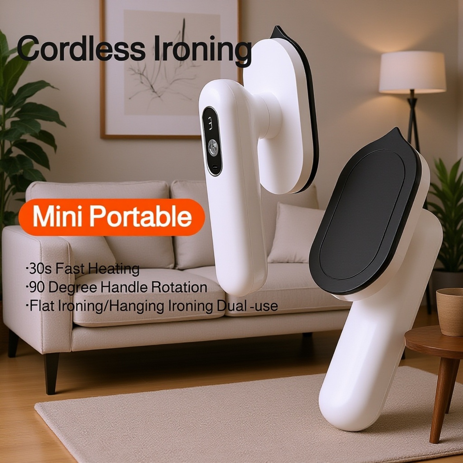 Hand holding compact cordless iron for travel