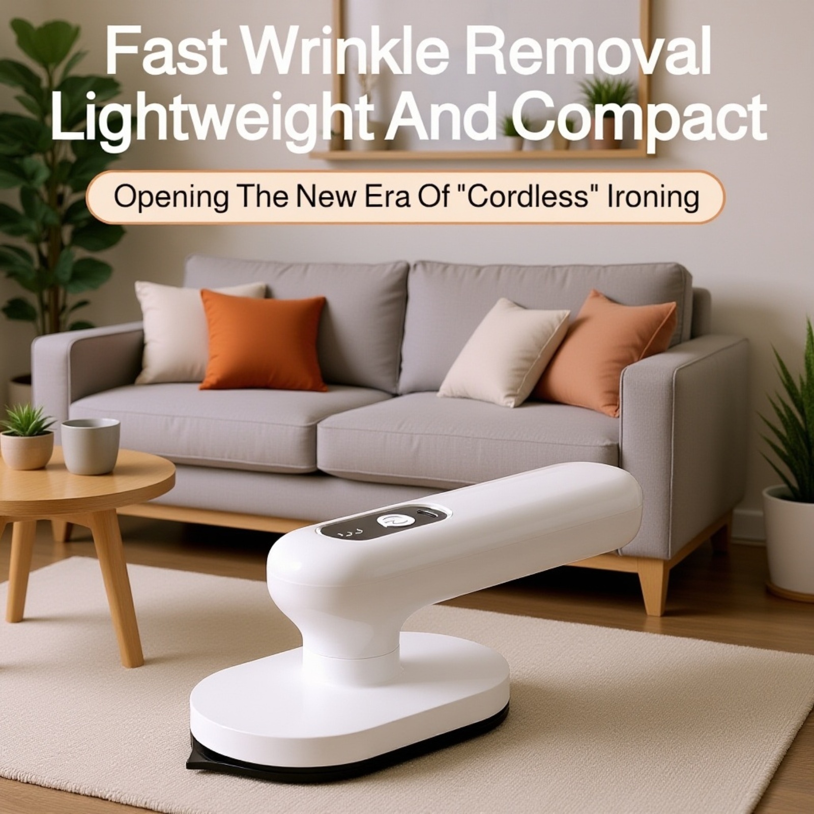 Portable cordless iron with wireless charging on a table