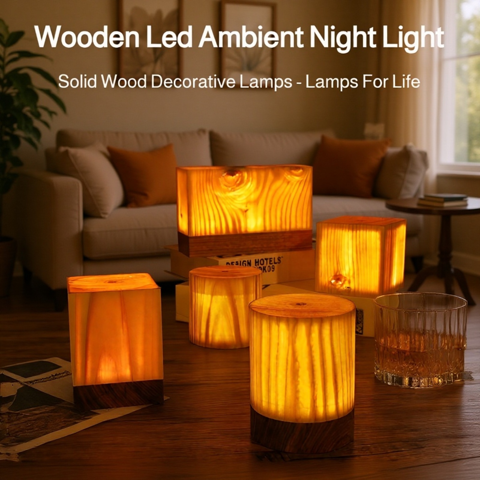 Natural Wooden LED Night Light on bedside table