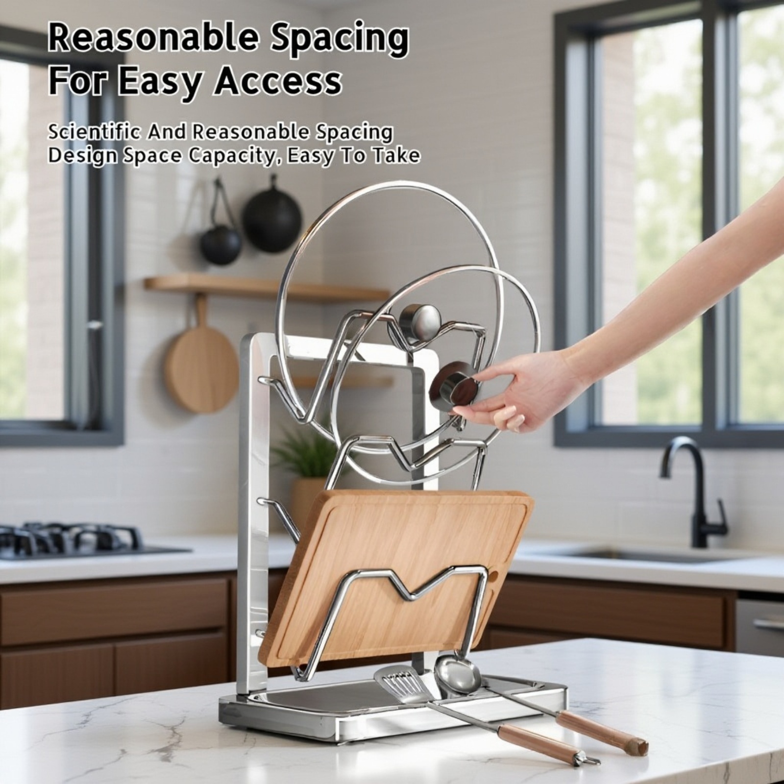 Space saving kitchen rack for pot lids and spoons