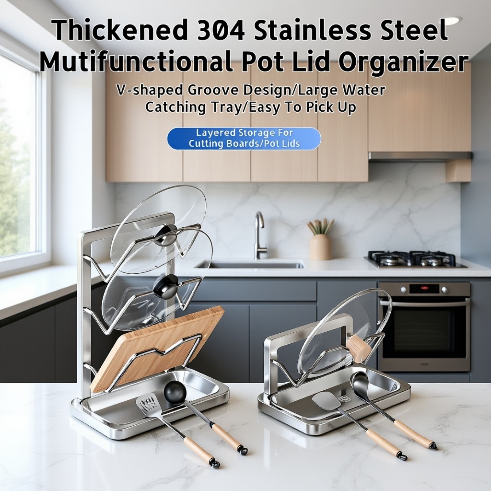 Multifunctional kitchen countertop pot lid and spoon rack in use