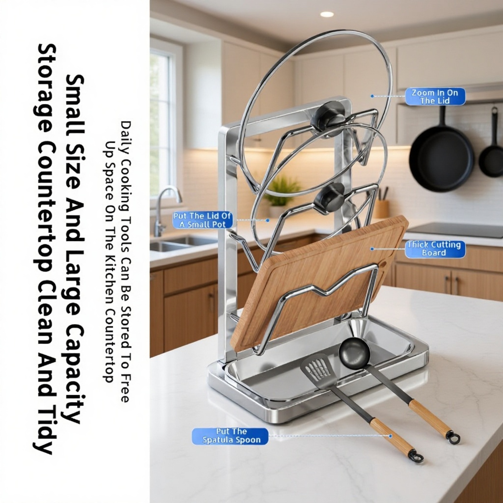 Pot lid rack and spoon holder on kitchen counter