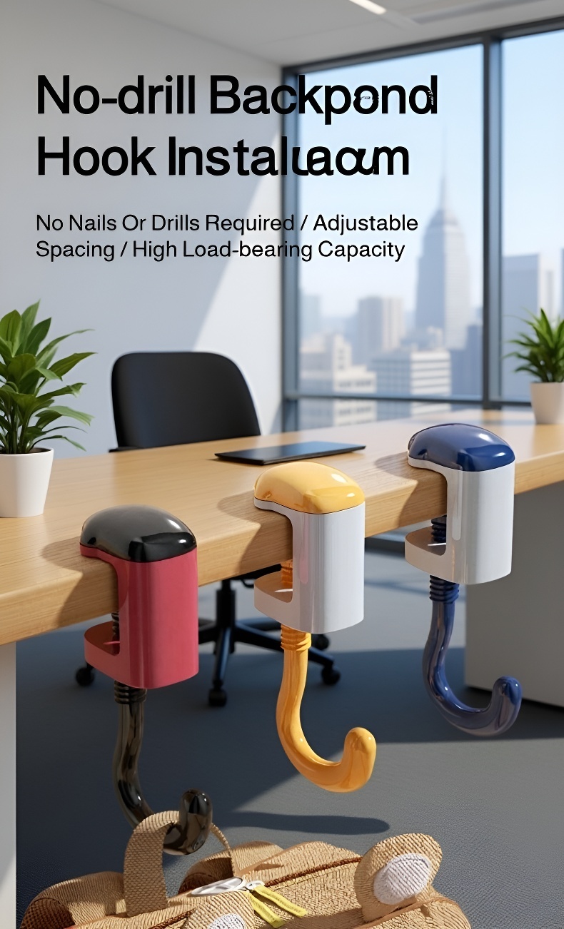 Desk Side Hook holding a book bag next to a desk