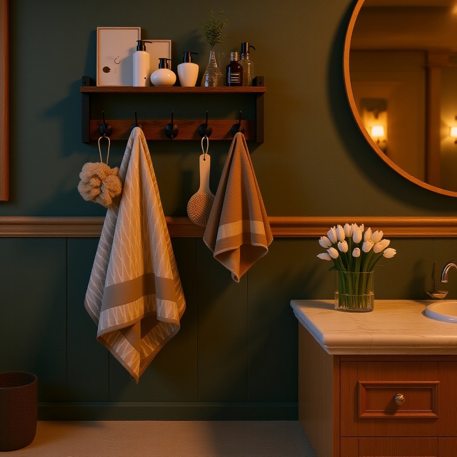 Scandinavian style wooden wall shelf in entryway