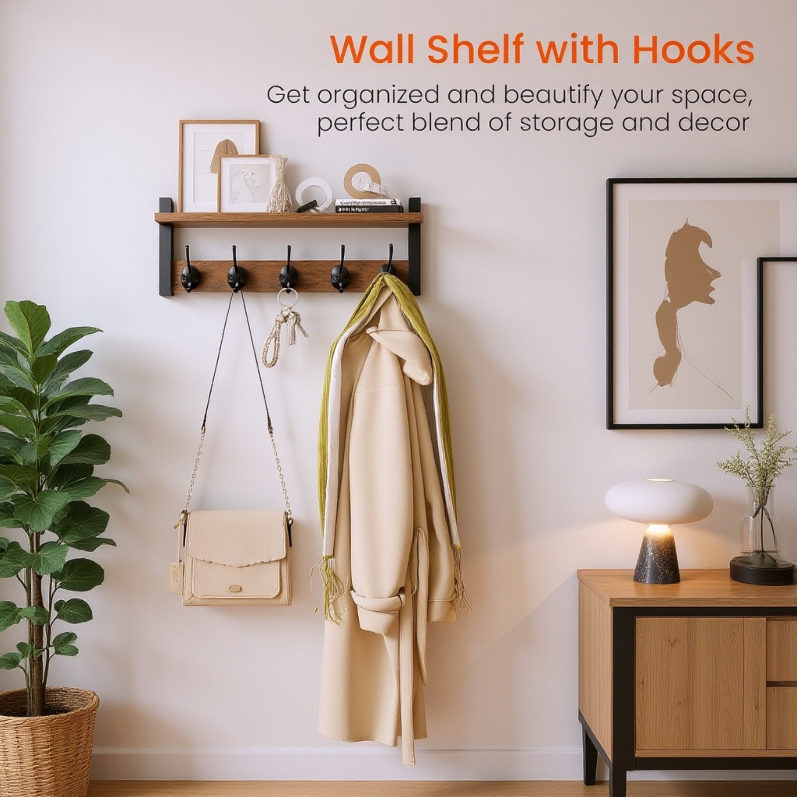 Minimalist wooden wall shelf with decorative items and keys