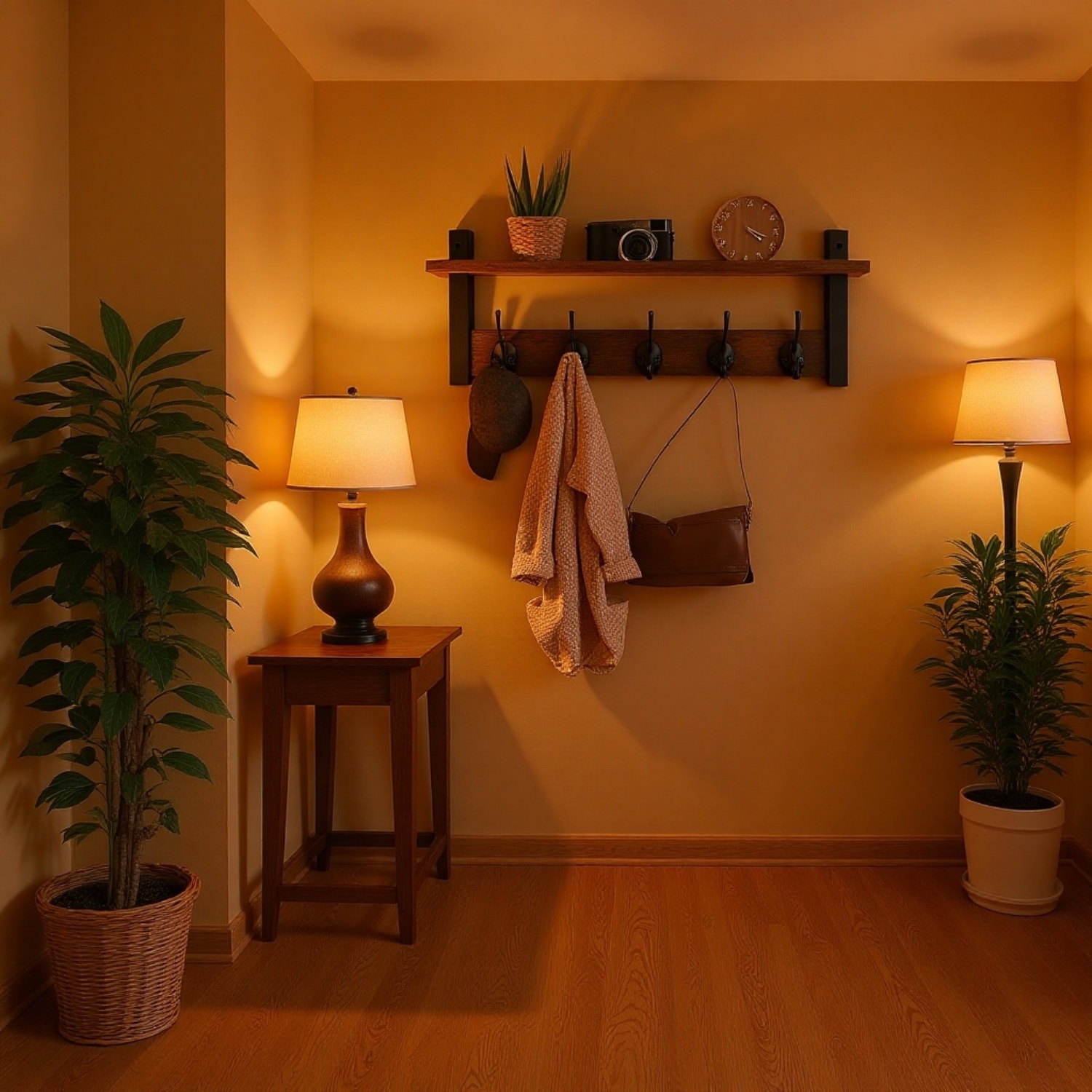 Wooden key holder and decorative shelf for hallway
