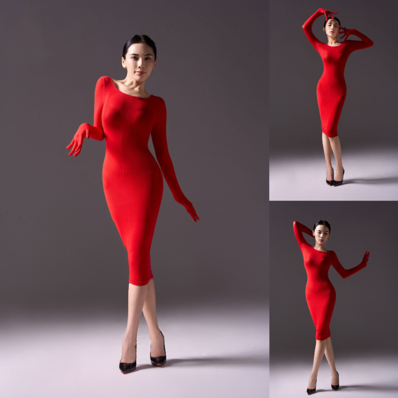 Mysterious, form-fitting, bodycon dress.