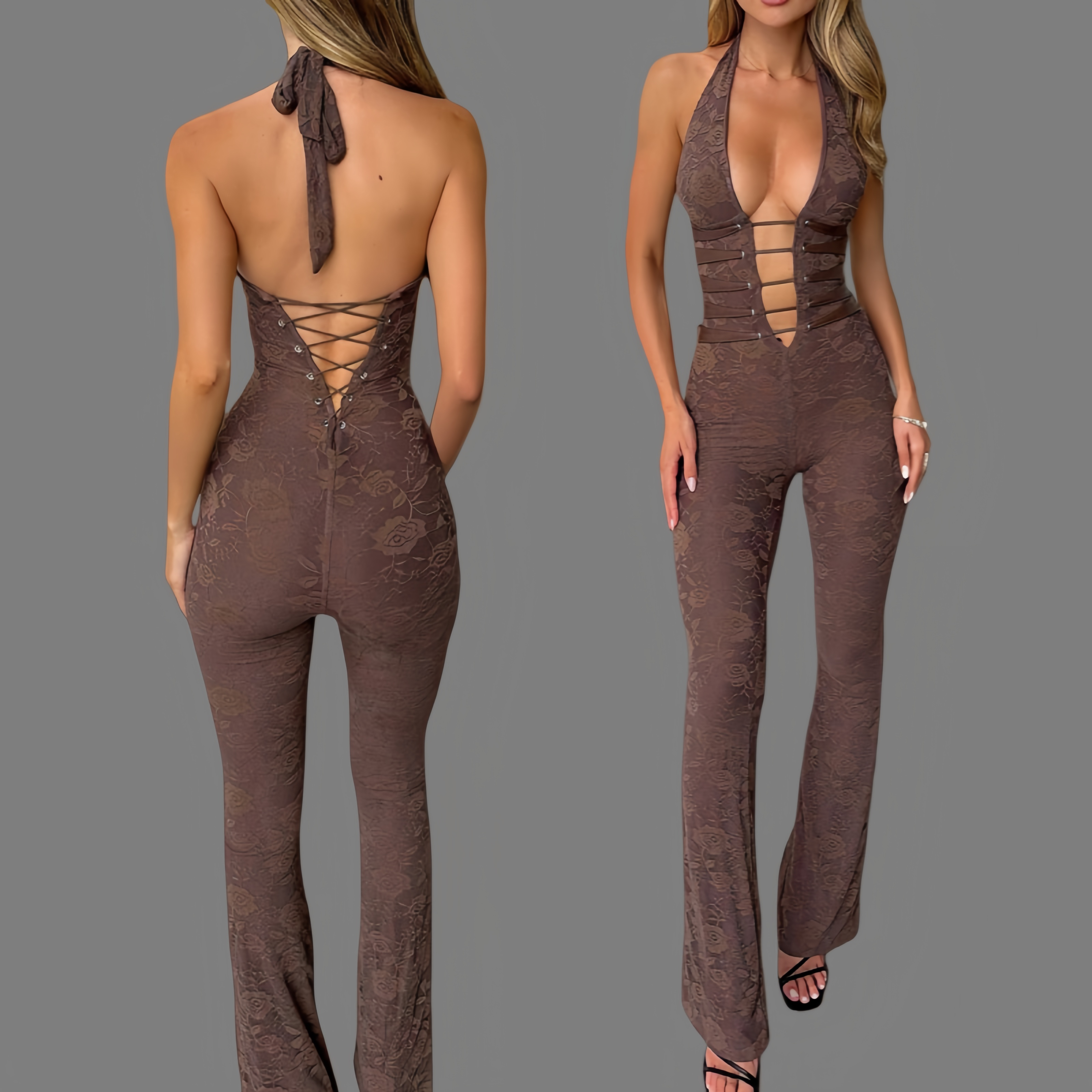 New lace deep V-neck halter jumpsuit