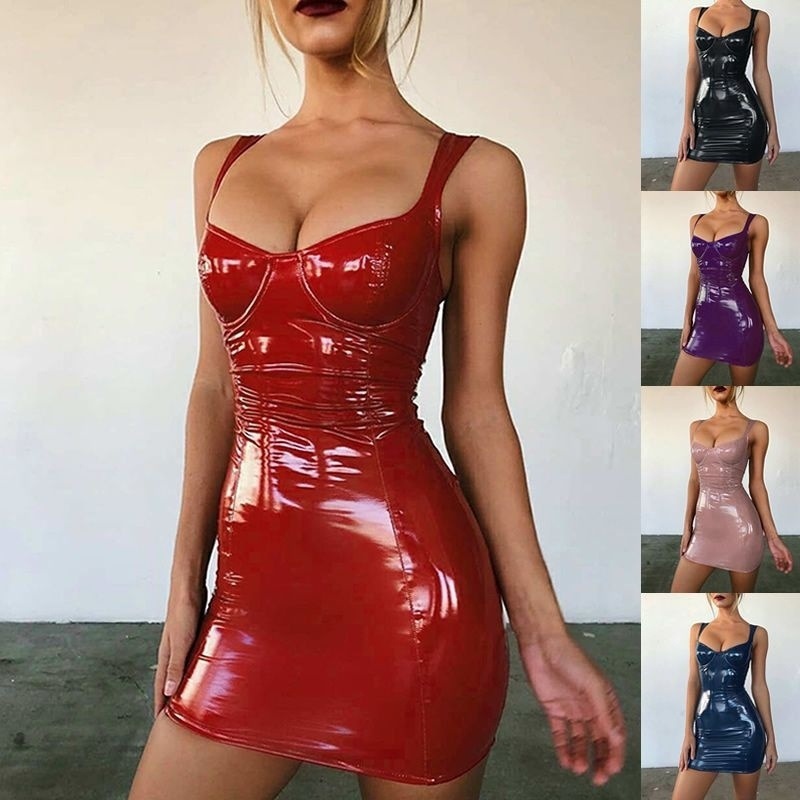 Sexy PU leather strapless glossy waist-cinching dress
