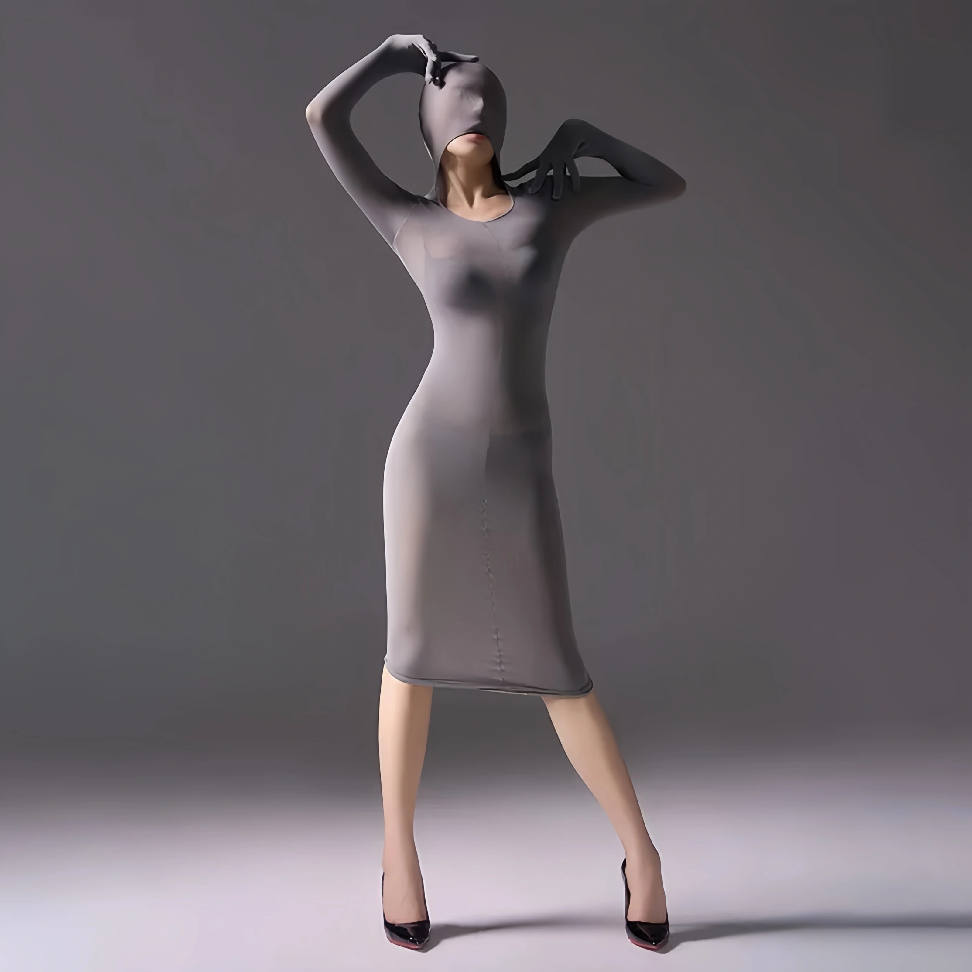 Mysterious, form-fitting, bodycon dress.