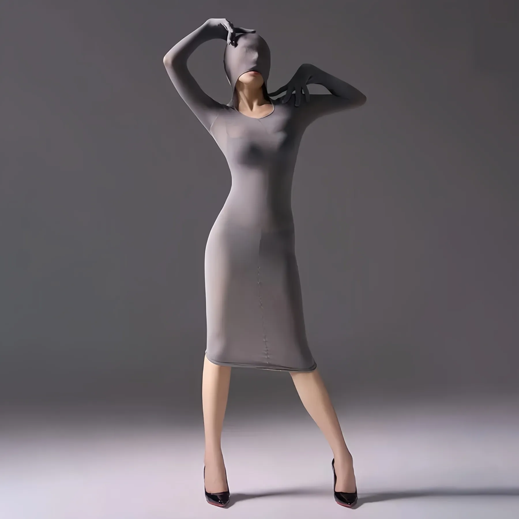 Mysterious, form-fitting, bodycon dress.