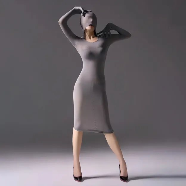 Mysterious, form-fitting, bodycon dress.