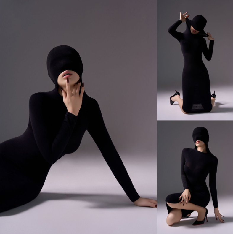 Mysterious, form-fitting, bodycon dress.