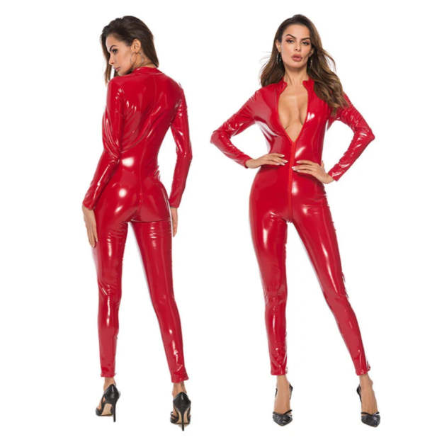Bright leather jumpsuit PU patent leather suit