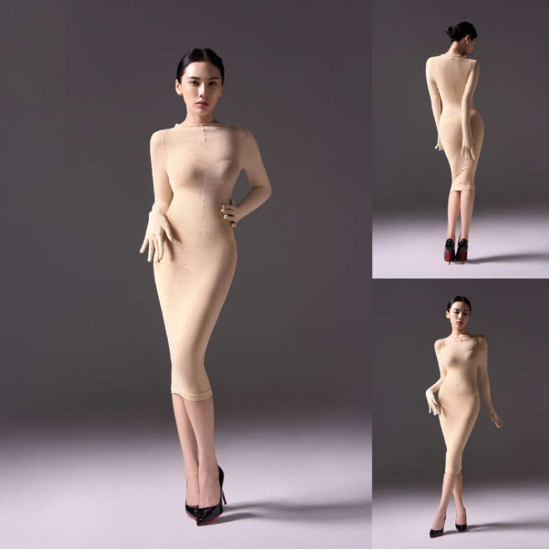 Mysterious, form-fitting, bodycon dress.