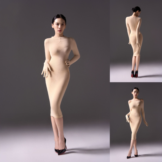 Mysterious, form-fitting, bodycon dress.