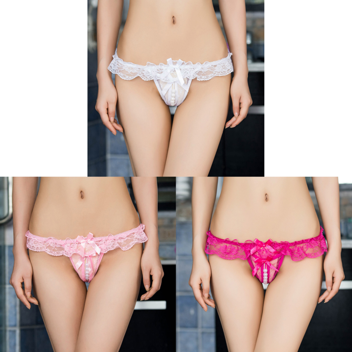 Pearl Desire Lace Crotchless Thong(Buy 1, get 2 free)