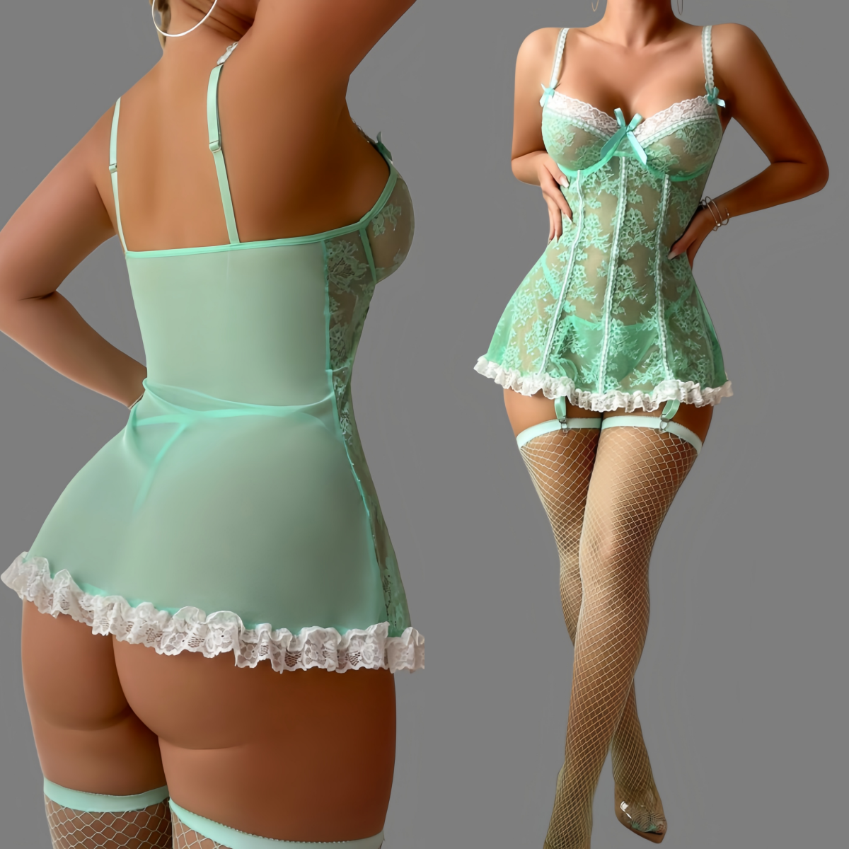 Seductive lace sheer nightgown + stockings