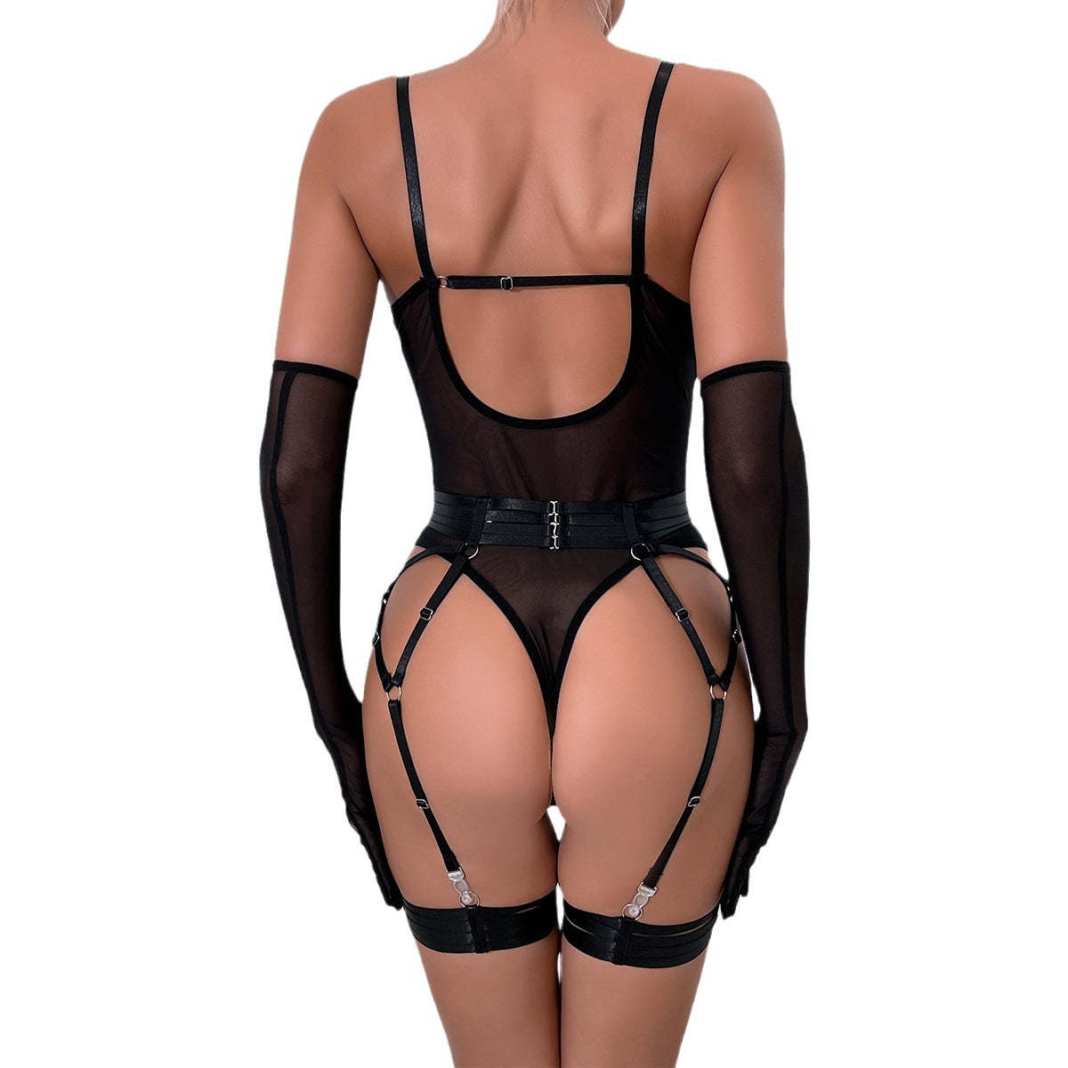 Strapped Mesh Lingerie Set – Sleek Bodysuit with Gloves