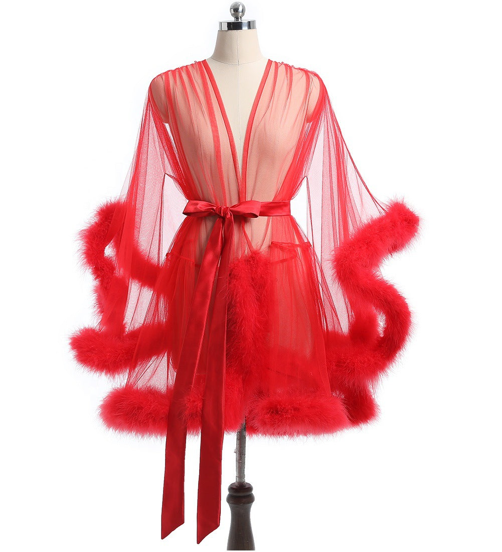 Sheer Mesh Feather Robe