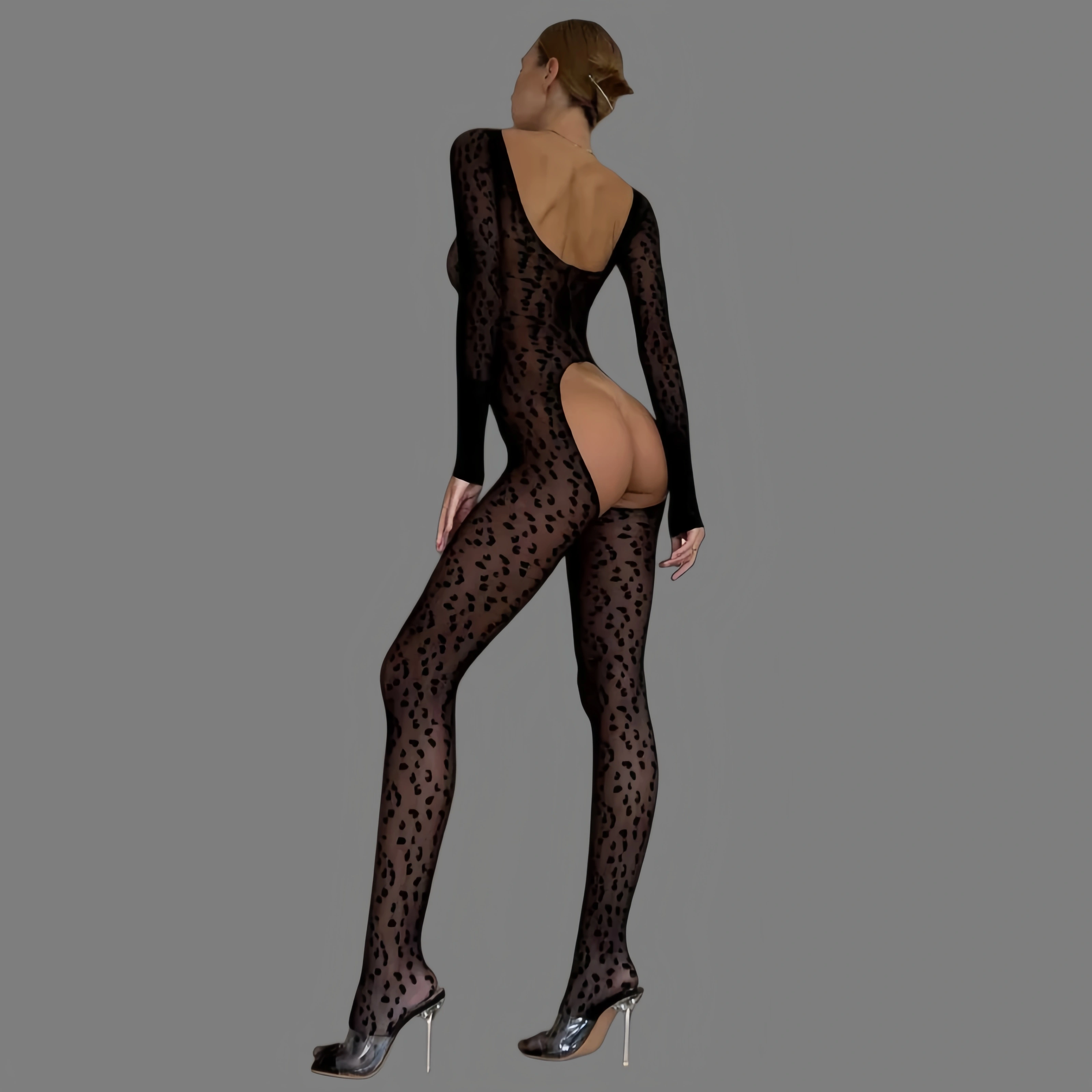 Wild leopard print open-buttocks bodysuit stockings