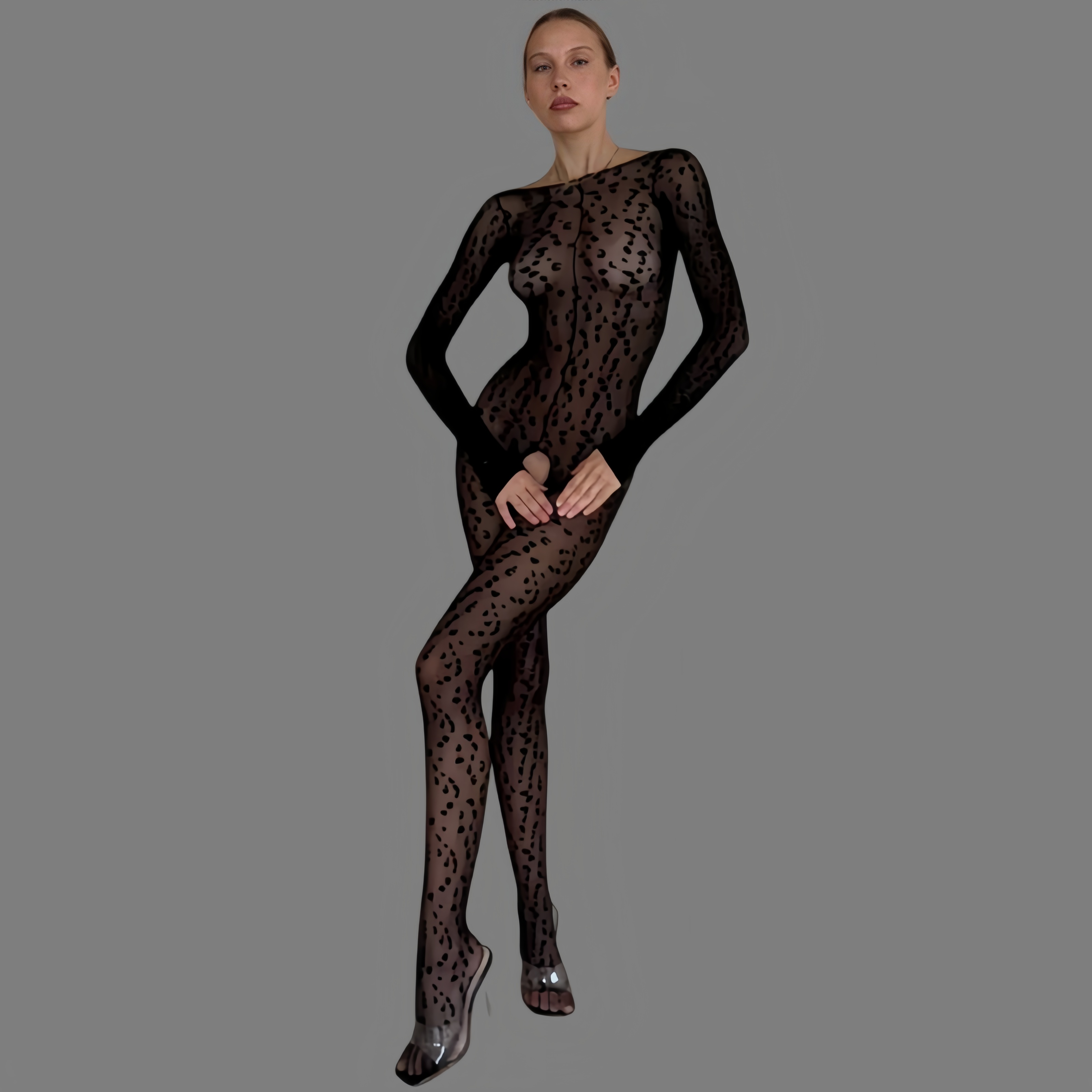 Wild leopard print open-buttocks bodysuit stockings