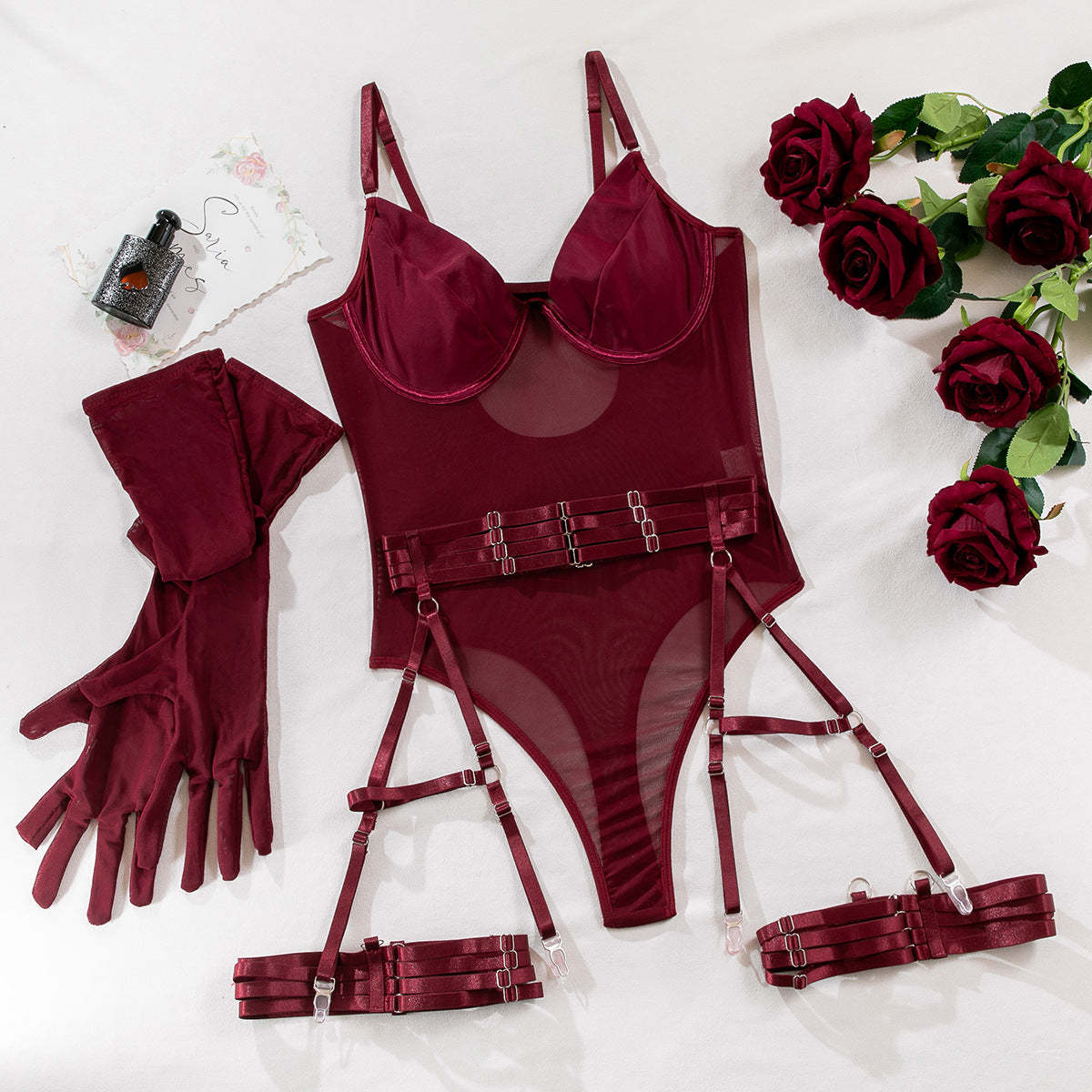 Strapped Mesh Lingerie Set – Sleek Bodysuit with Gloves