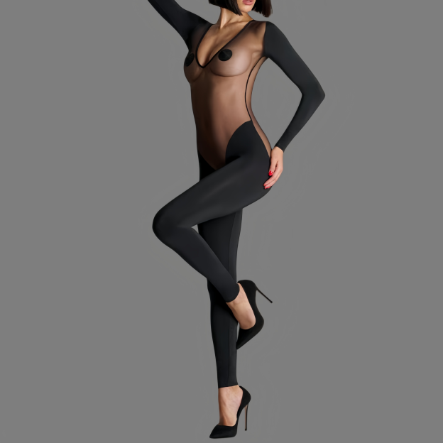 New style low-cut long-sleeved sheer jumpsuit