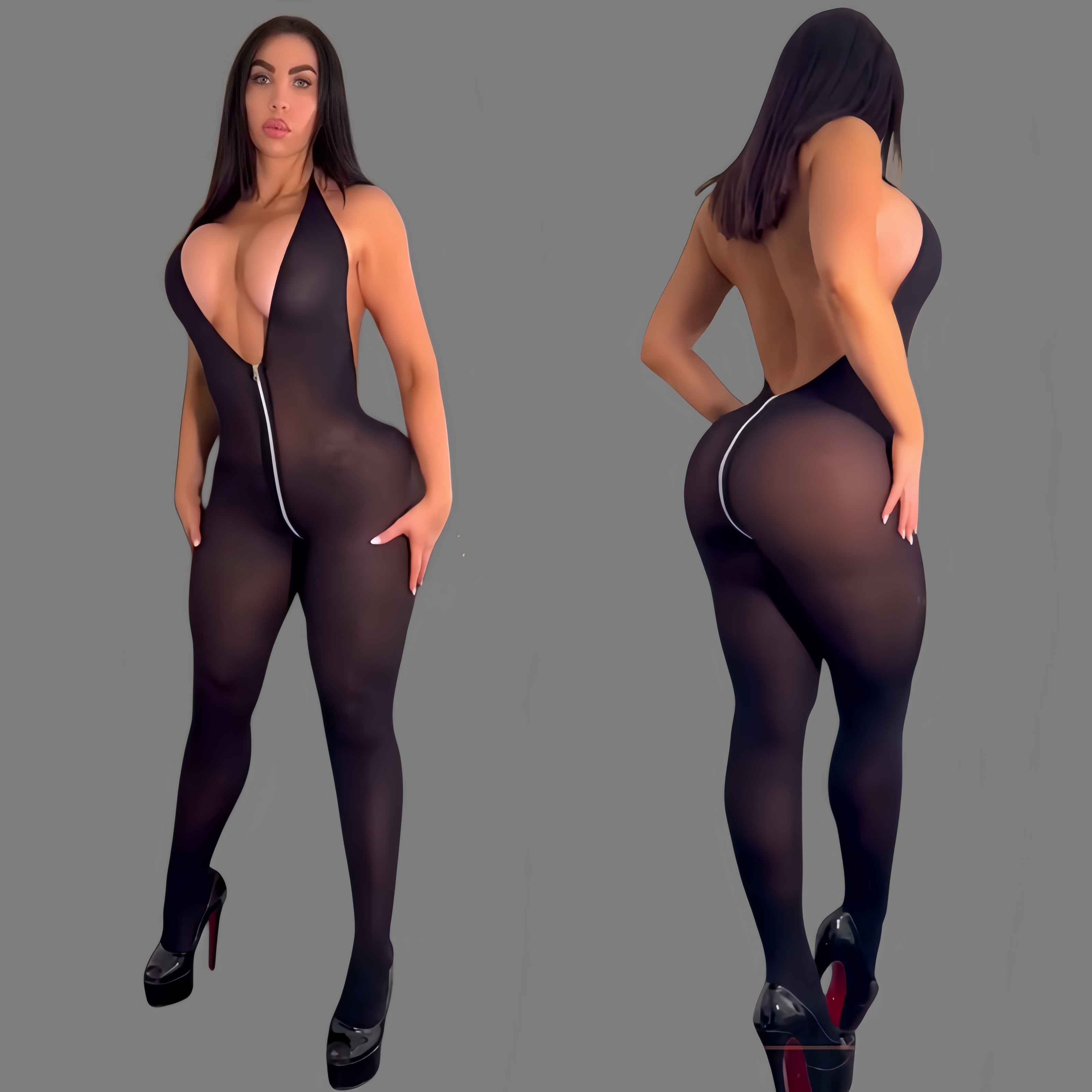 Sexy open-crotch bodysuit with a zipper.