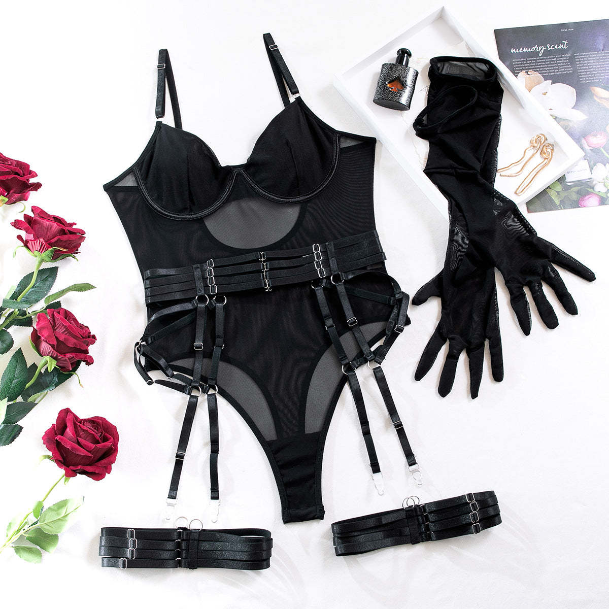 Strapped Mesh Lingerie Set – Sleek Bodysuit with Gloves