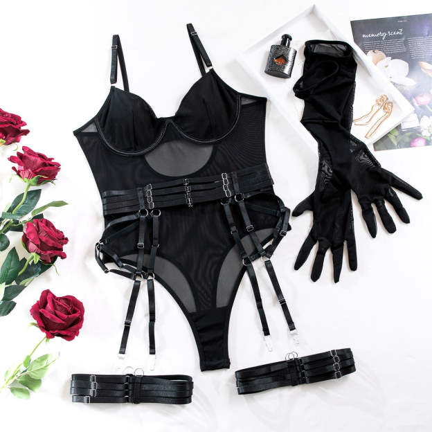 Strapped Mesh Lingerie Set – Sleek Bodysuit with Gloves