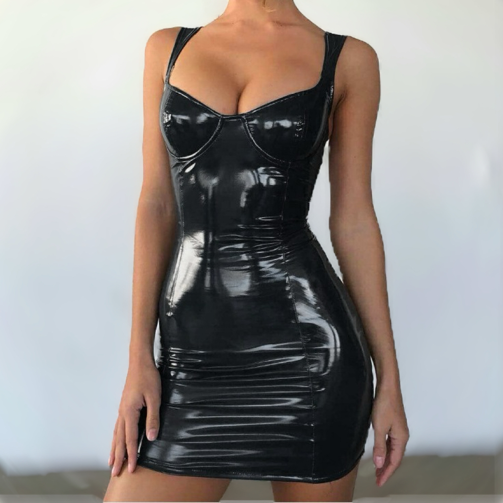 Sexy PU leather strapless glossy waist-cinching dress