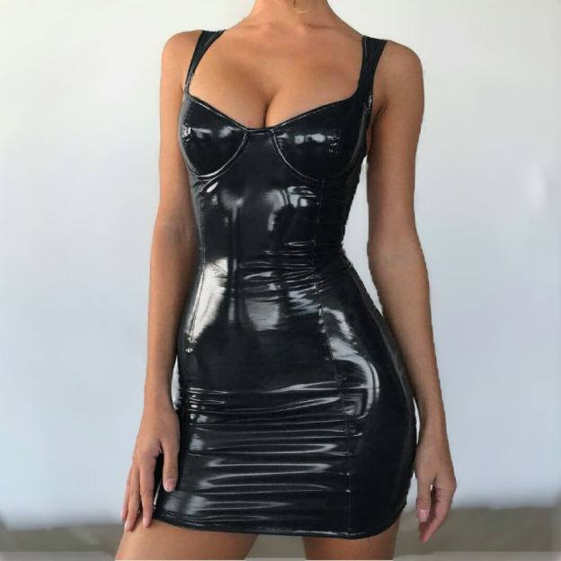 Sexy PU leather strapless glossy waist-cinching dress