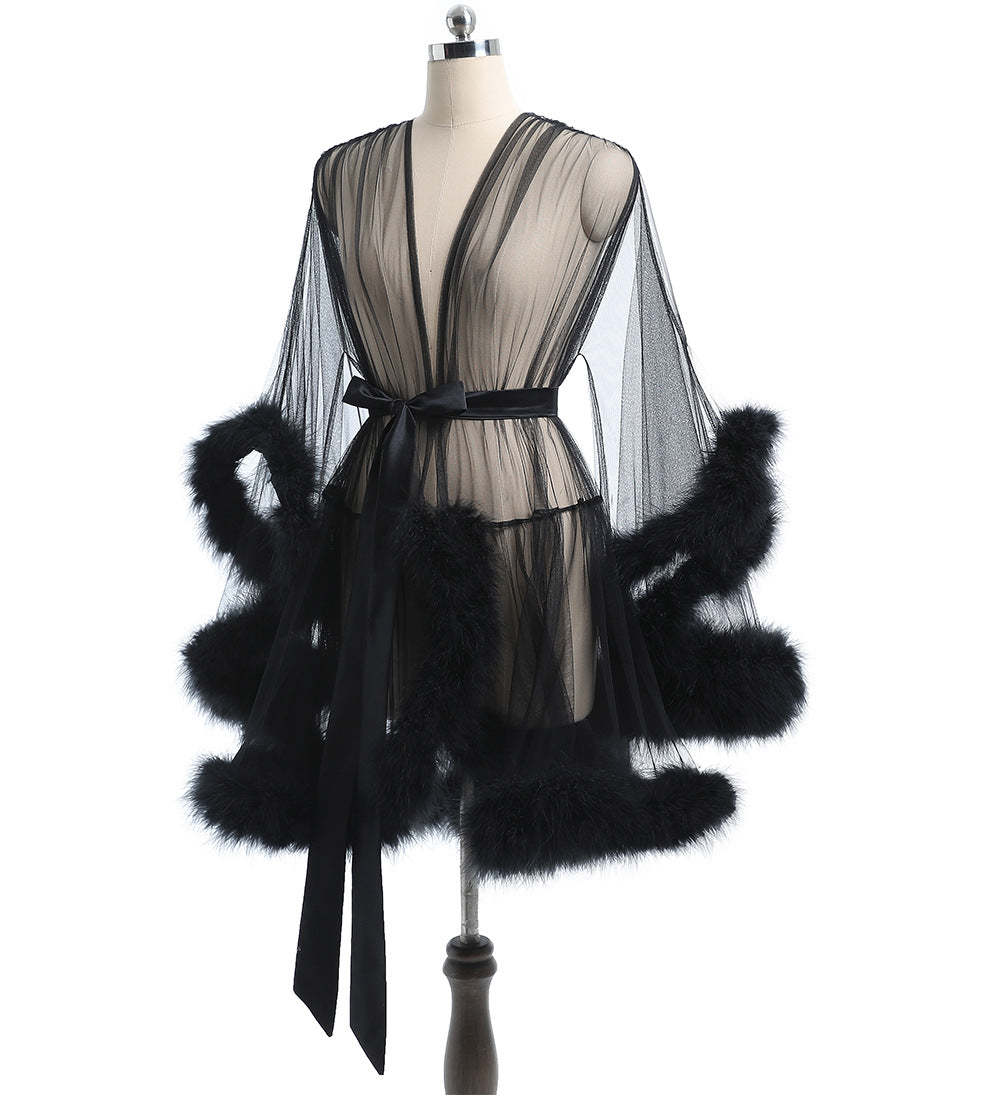 Sheer Mesh Feather Robe