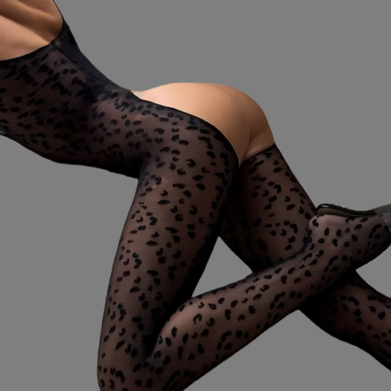 Wild leopard print open-buttocks bodysuit stockings
